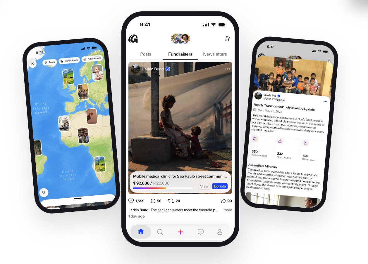 GospelGram app screens: an explore map of missionaries worldwide, a fundraiser post with donation progress, and a ministry newsletter update