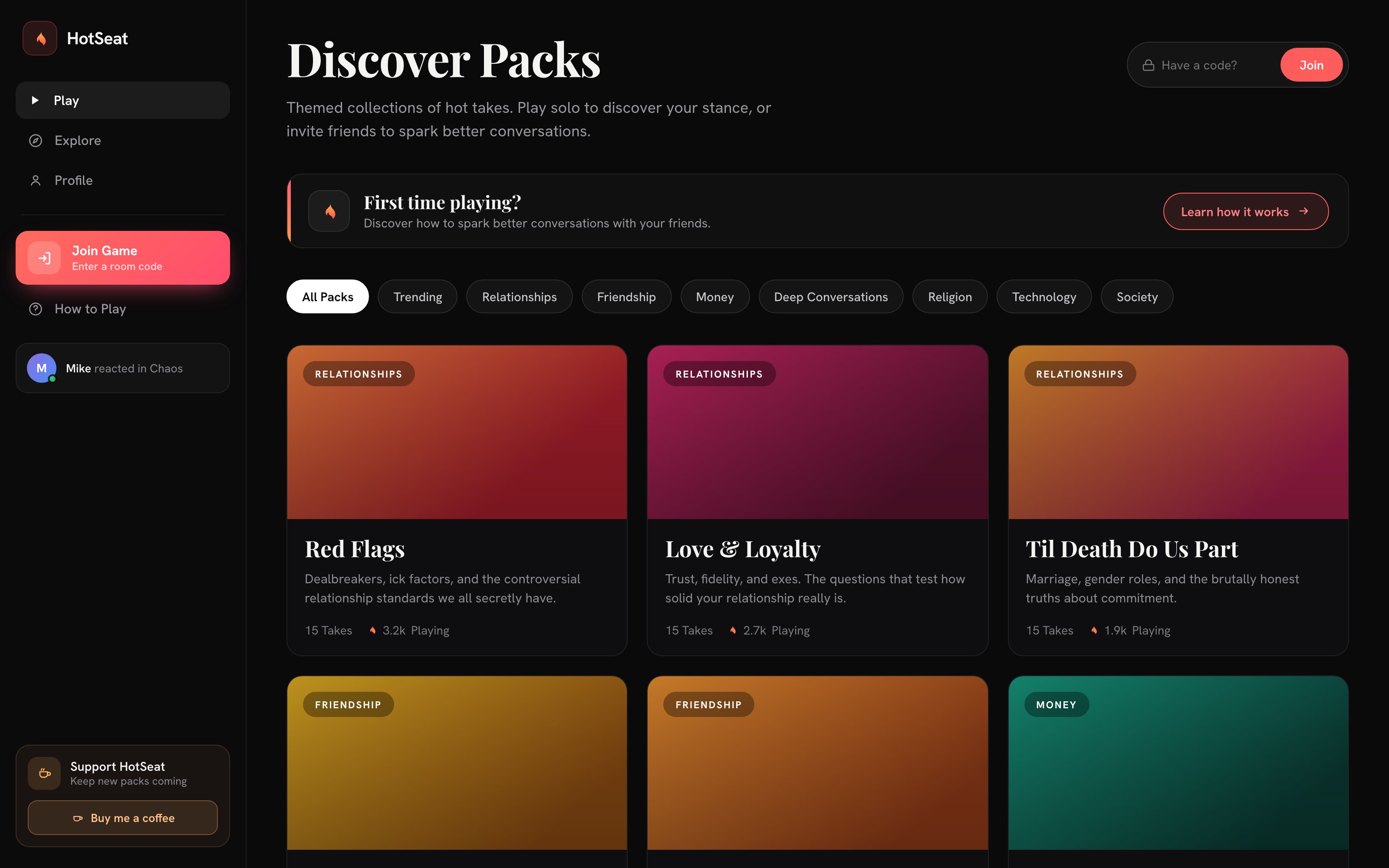 Hotseats: discover packs, desktop