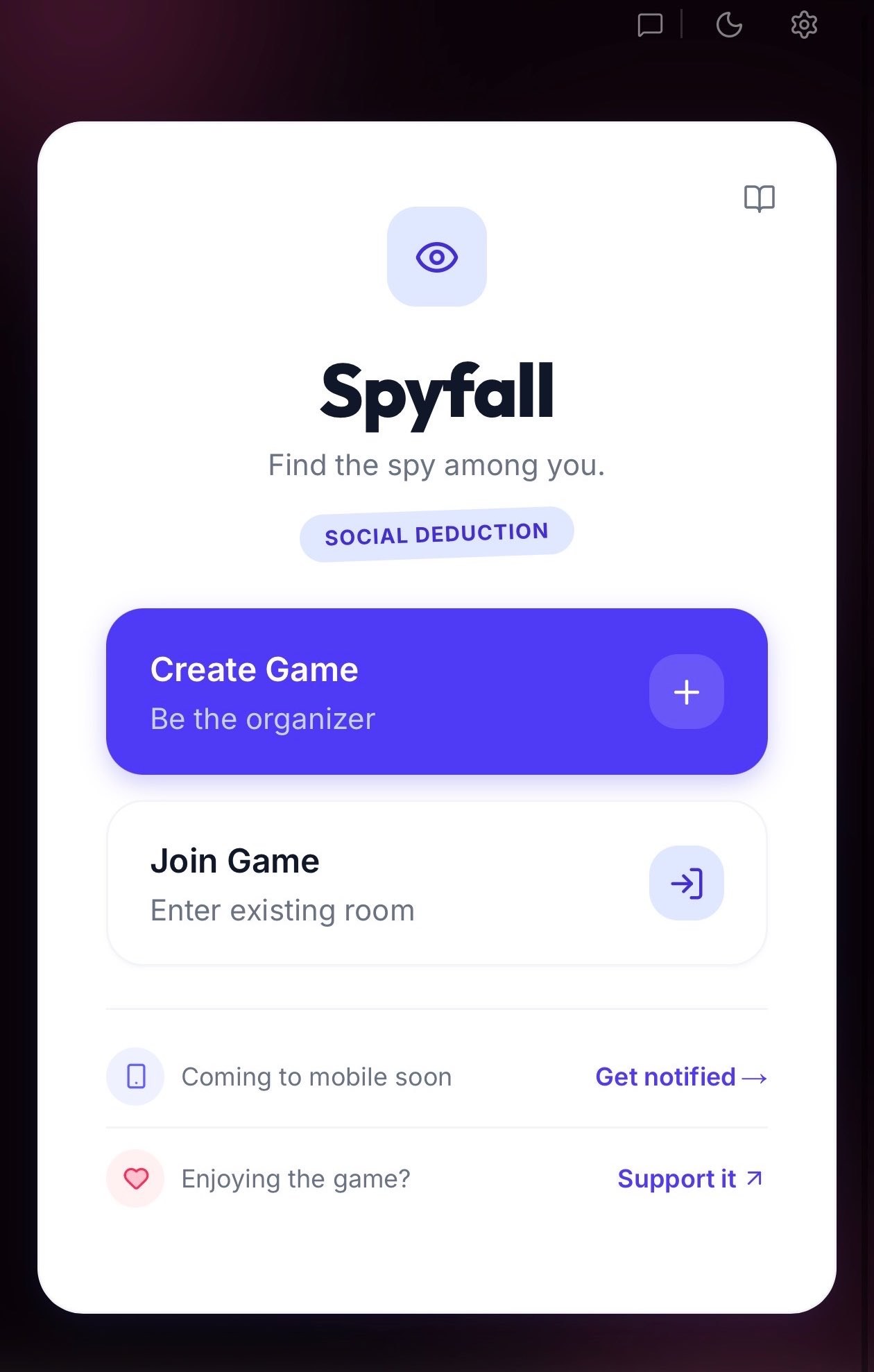 Spyfall Mania: home screen with Create Game and Join Game