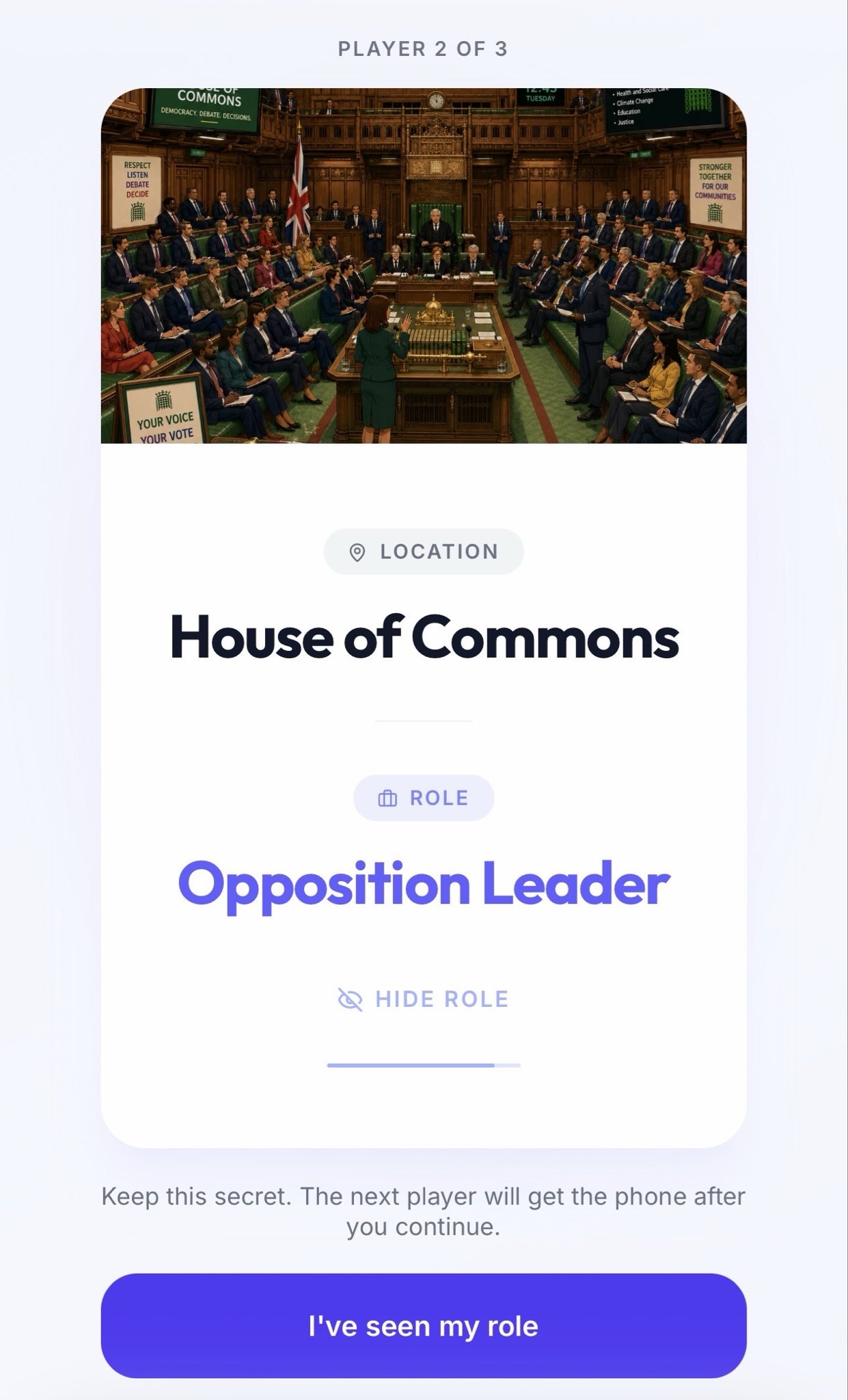 Spyfall Mania: role reveal for the House of Commons location