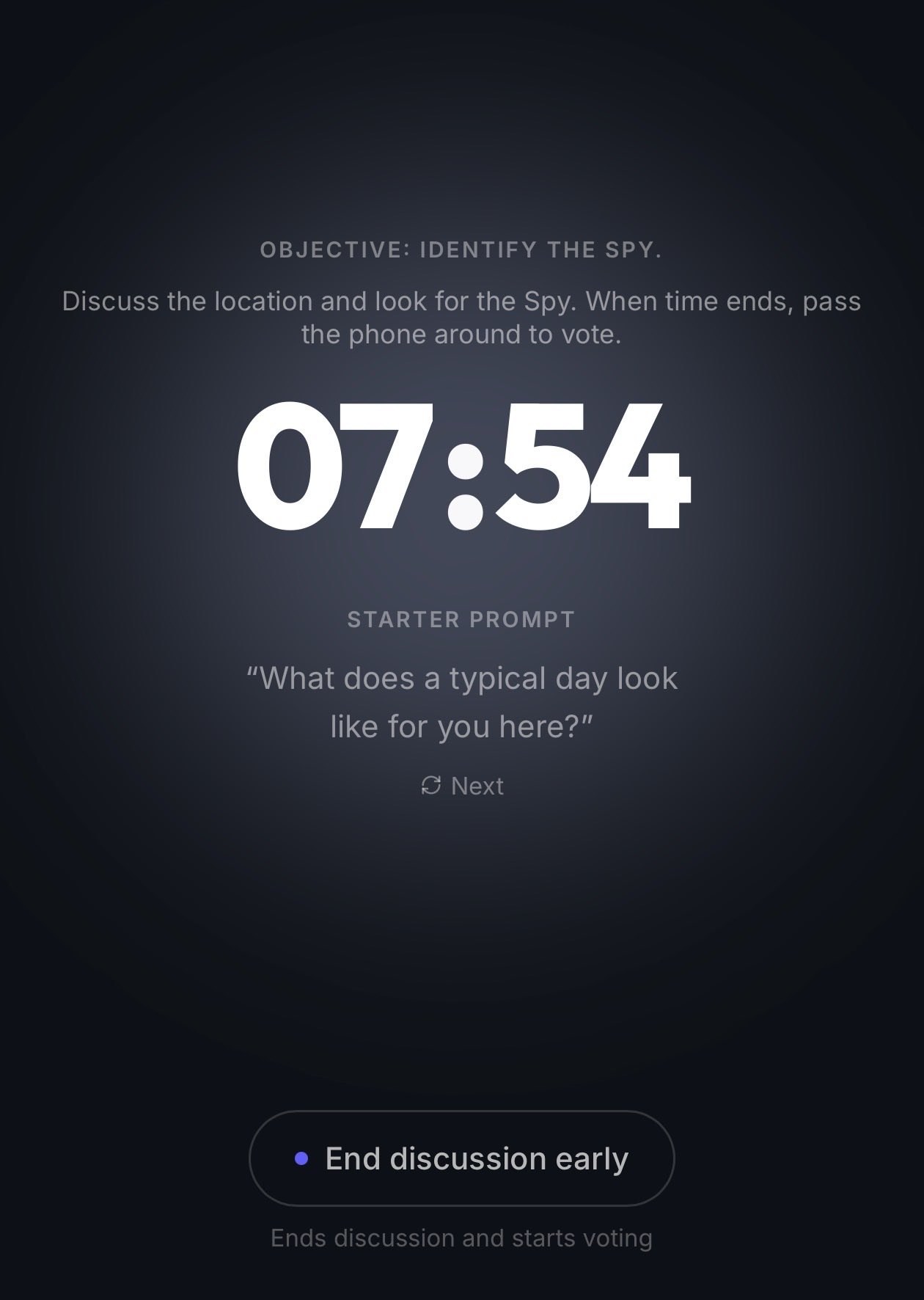Spyfall Mania: discussion timer with a starter prompt