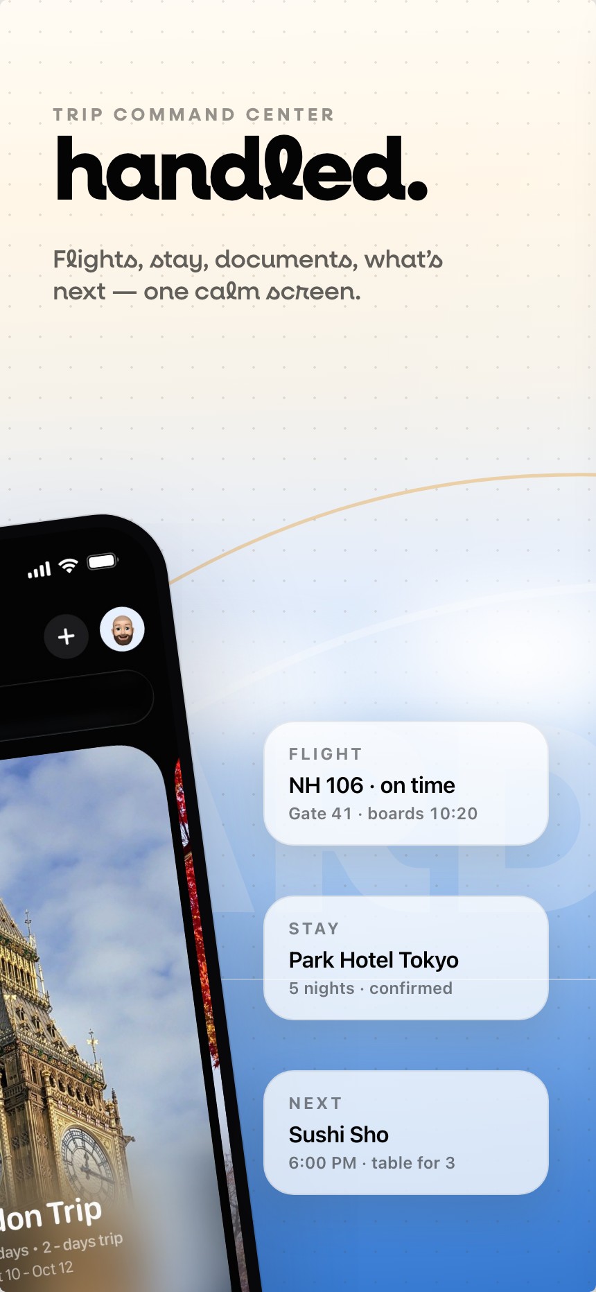 Onward App Store screenshot: Trip command center